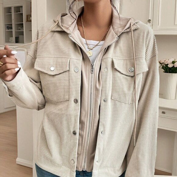 Apricot Casual Women's Flap Pocket Drop Shoulder Drawstring Hooded Jacket - Picture 6 of 6